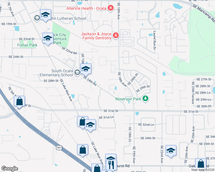 map of restaurants, bars, coffee shops, grocery stores, and more near 1577-1589 Southeast 24th Road in Ocala