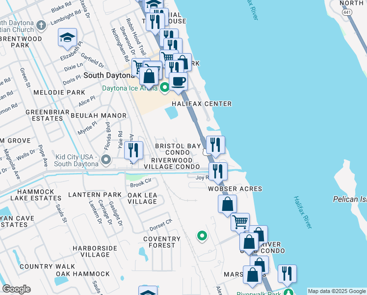 map of restaurants, bars, coffee shops, grocery stores, and more near 403A Banana Cay Drive in South Daytona