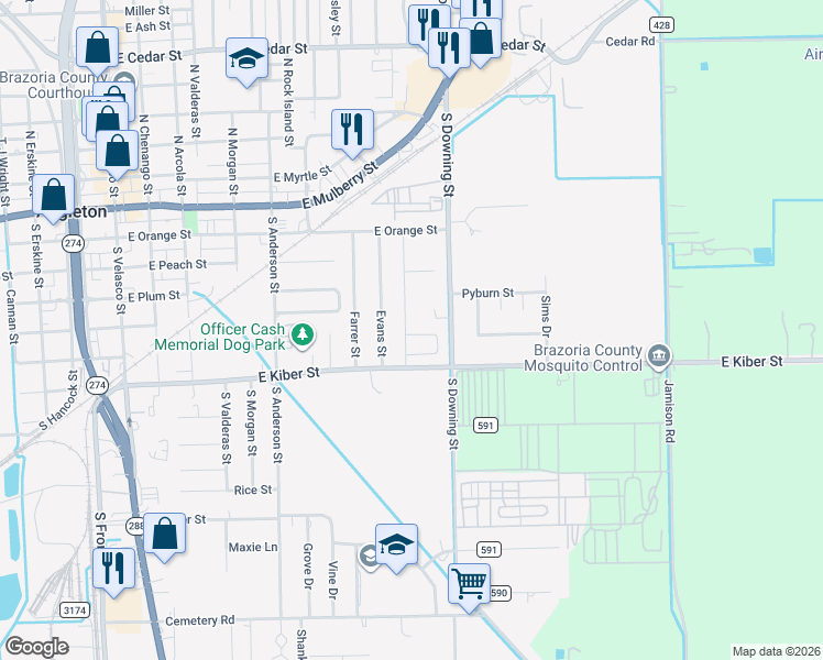 map of restaurants, bars, coffee shops, grocery stores, and more near 529 South Downing Road in Angleton