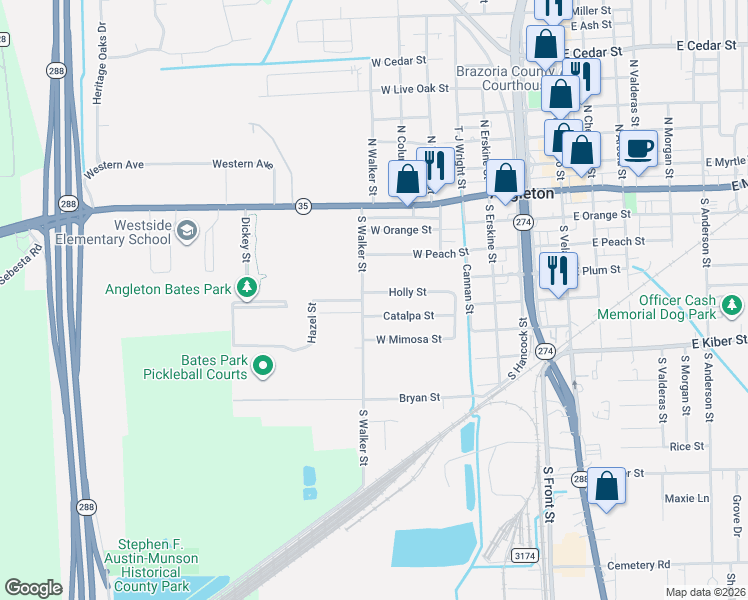 map of restaurants, bars, coffee shops, grocery stores, and more near 700 Betty Street in Angleton