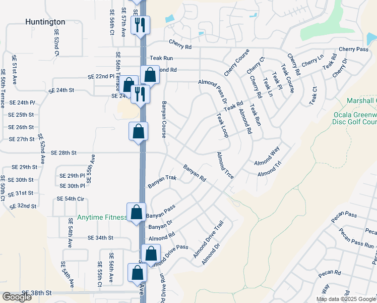 map of restaurants, bars, coffee shops, grocery stores, and more near 6 Teak Road in Ocala