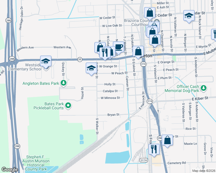 map of restaurants, bars, coffee shops, grocery stores, and more near 608 Catalpa Street in Angleton