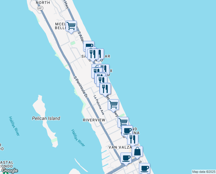 map of restaurants, bars, coffee shops, grocery stores, and more near 3209 South Atlantic Avenue in Daytona Beach
