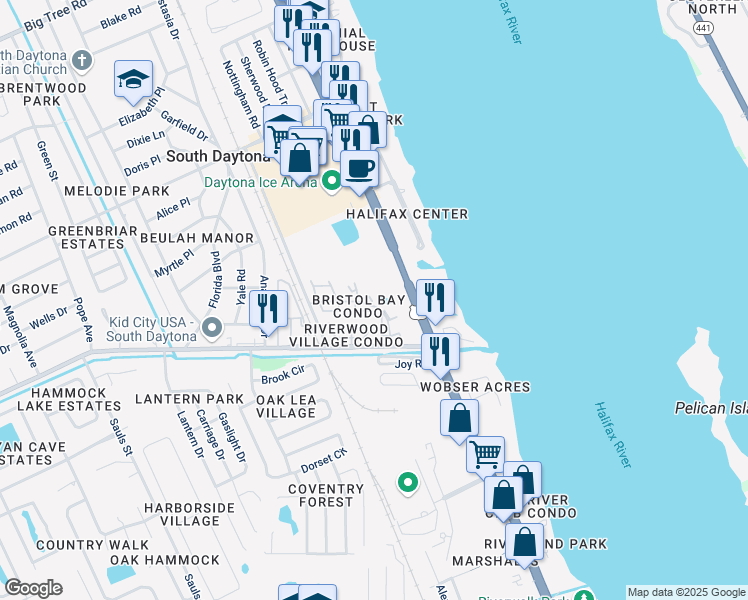 map of restaurants, bars, coffee shops, grocery stores, and more near 403A Banana Cay Drive in South Daytona