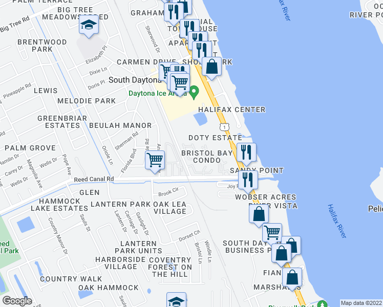 map of restaurants, bars, coffee shops, grocery stores, and more near 419 Banana Cay Drive in South Daytona