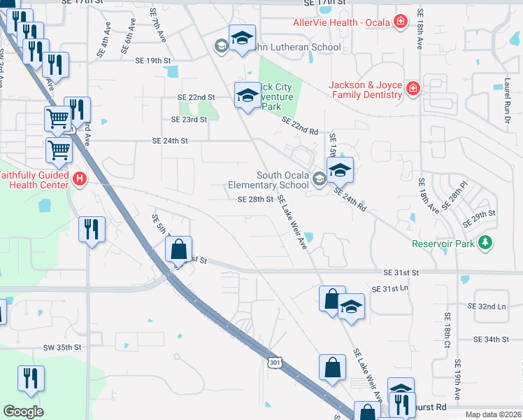 map of restaurants, bars, coffee shops, grocery stores, and more near 2820 Southeast 28th Road in Ocala