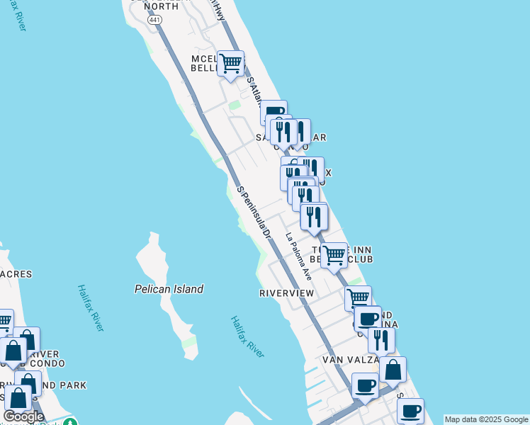 map of restaurants, bars, coffee shops, grocery stores, and more near 100 Carolyn Terrace in Daytona Beach