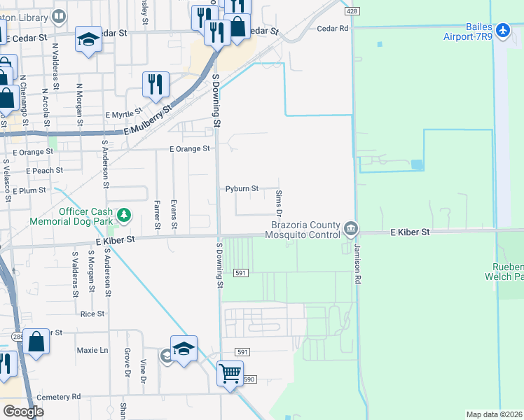 map of restaurants, bars, coffee shops, grocery stores, and more near 1216 Ramona Street in Angleton