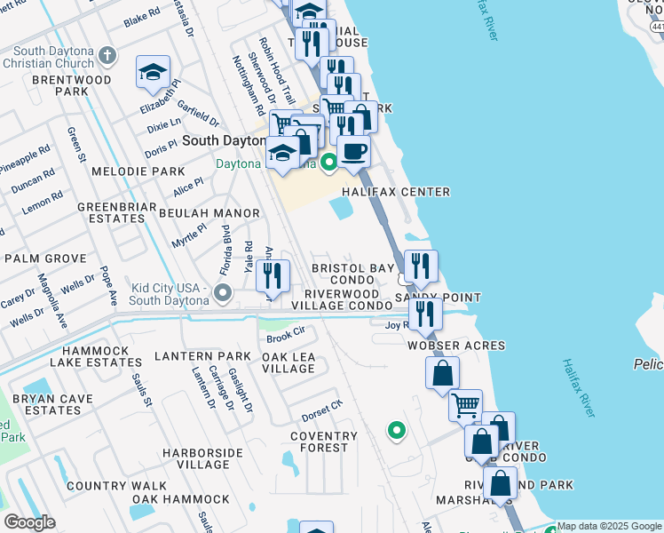 map of restaurants, bars, coffee shops, grocery stores, and more near 419 Banana Cay Drive in South Daytona