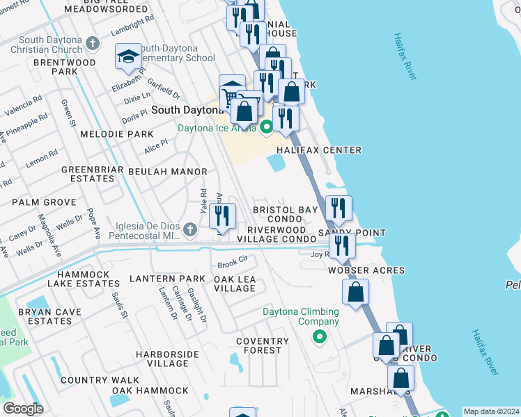 map of restaurants, bars, coffee shops, grocery stores, and more near 419 Banana Cay Drive in South Daytona