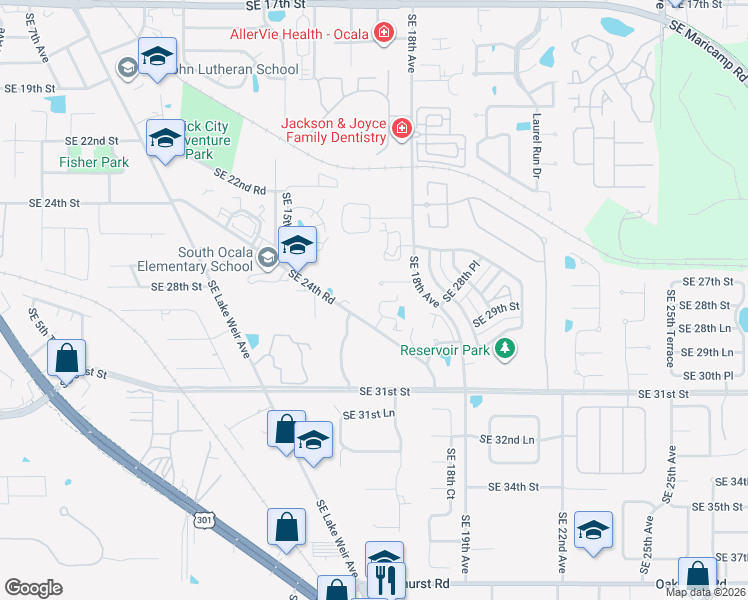 map of restaurants, bars, coffee shops, grocery stores, and more near 1577-1589 Southeast 24th Road in Ocala