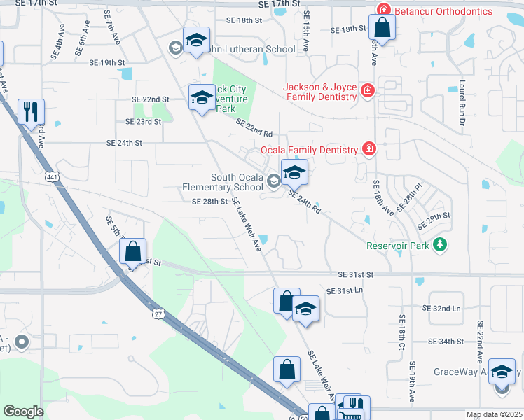 map of restaurants, bars, coffee shops, grocery stores, and more near 2831 Southeast Lake Weir Avenue in Ocala