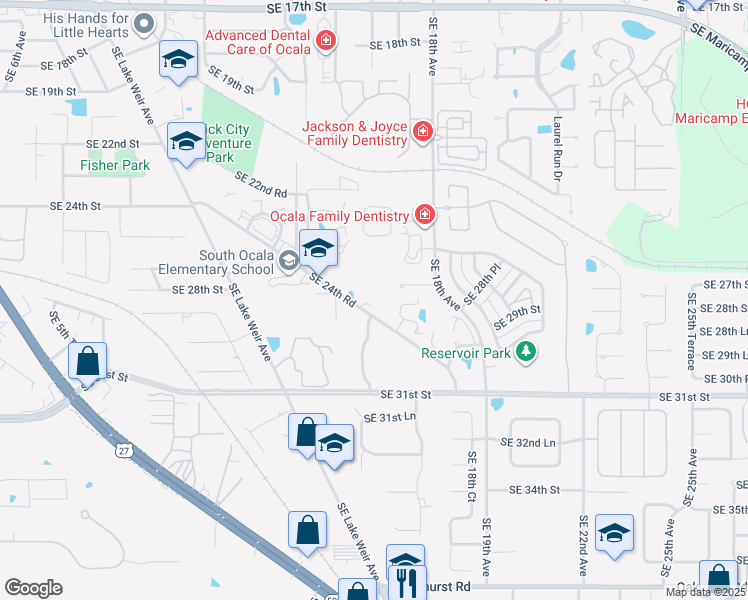 map of restaurants, bars, coffee shops, grocery stores, and more near 1601 Southeast 24th Road in Ocala