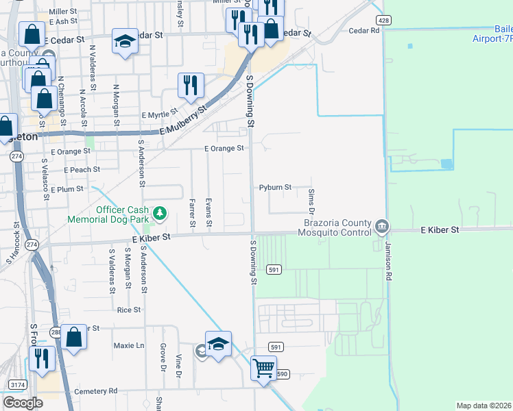 map of restaurants, bars, coffee shops, grocery stores, and more near 528 Ramona Street in Angleton