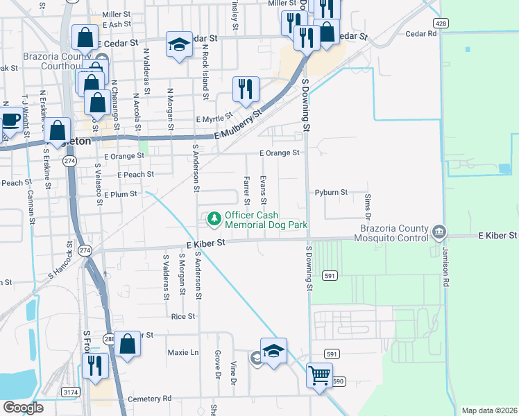 map of restaurants, bars, coffee shops, grocery stores, and more near 513 Evans Street in Angleton
