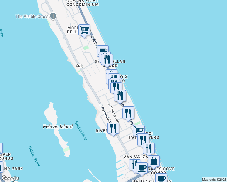 map of restaurants, bars, coffee shops, grocery stores, and more near 3172 South Atlantic Avenue in Daytona Beach Shores