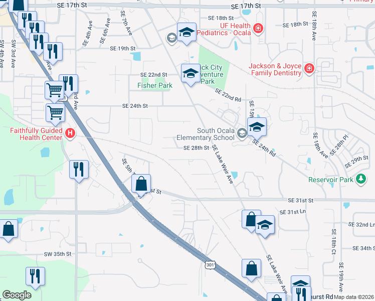 map of restaurants, bars, coffee shops, grocery stores, and more near 1000 Southeast 27th Street in Ocala
