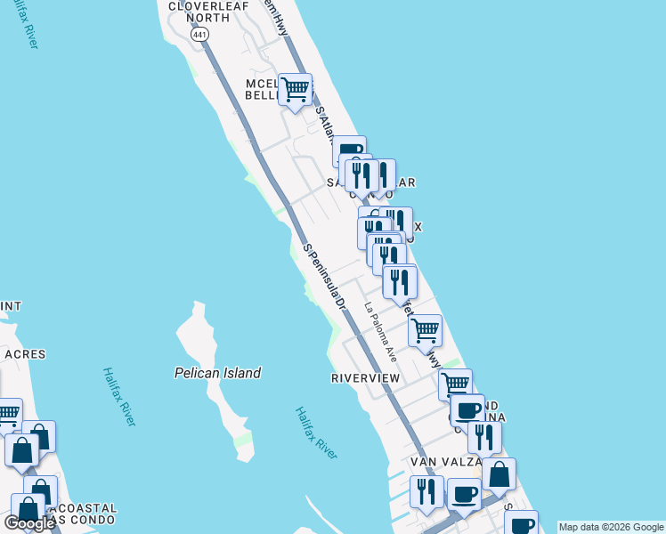 map of restaurants, bars, coffee shops, grocery stores, and more near 101 Carolyn Terrace in Daytona Beach
