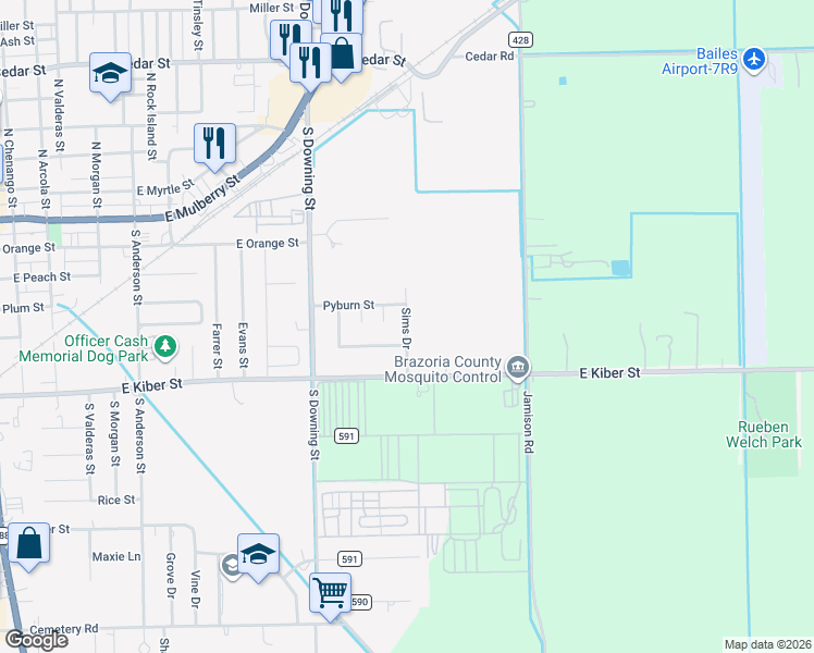 map of restaurants, bars, coffee shops, grocery stores, and more near Sims Drive in Angleton