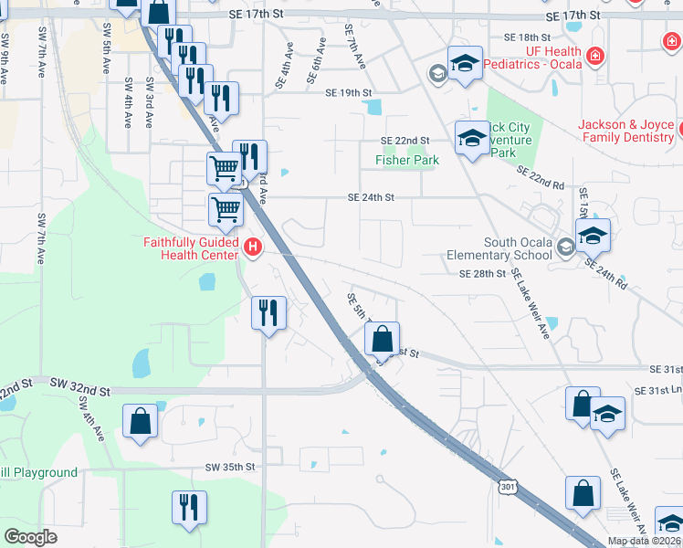 map of restaurants, bars, coffee shops, grocery stores, and more near 511 Southeast 28th Place in Ocala