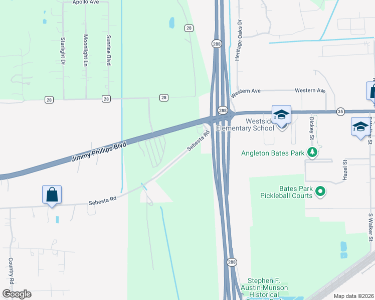 map of restaurants, bars, coffee shops, grocery stores, and more near 225 Sebesta Road in Angleton