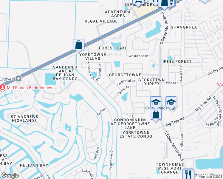 map of restaurants, bars, coffee shops, grocery stores, and more near 112 Wellington Drive in Daytona Beach