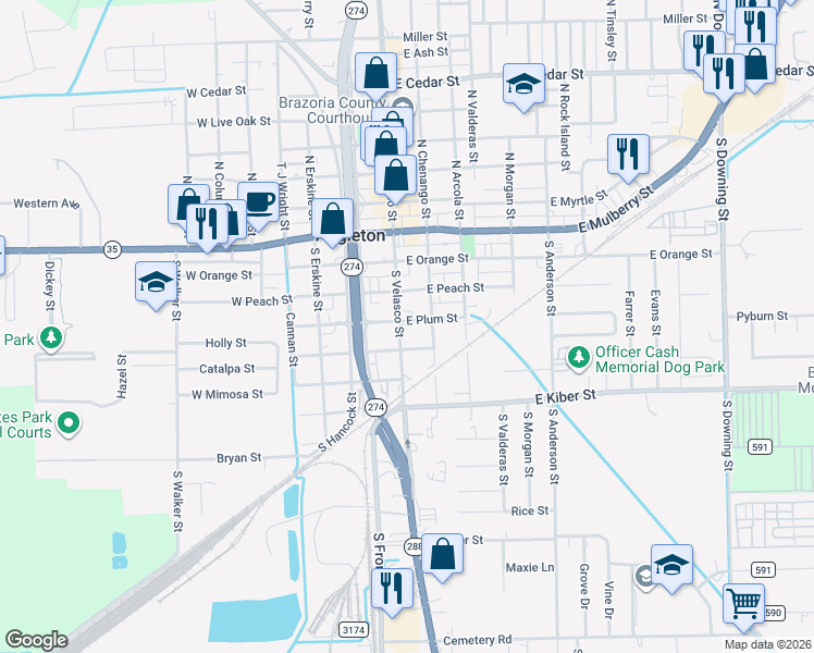 map of restaurants, bars, coffee shops, grocery stores, and more near in Angleton