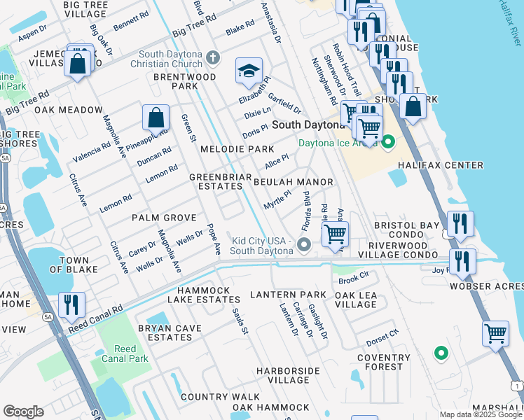map of restaurants, bars, coffee shops, grocery stores, and more near 2372 Oriole Lane in South Daytona