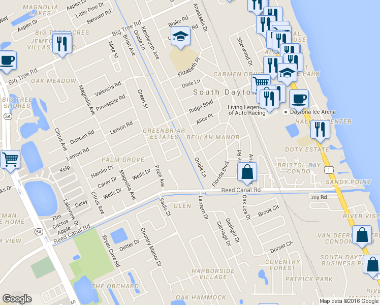 map of restaurants, bars, coffee shops, grocery stores, and more near 2372 Oriole Lane in South Daytona