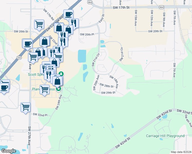 map of restaurants, bars, coffee shops, grocery stores, and more near 2624 Southwest 20th Avenue in Ocala