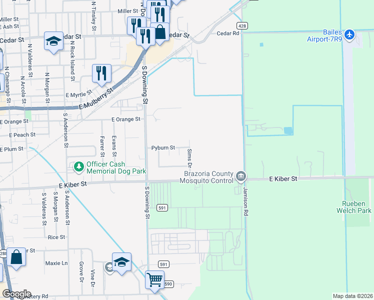 map of restaurants, bars, coffee shops, grocery stores, and more near 1266 Pyburn Street in Angleton
