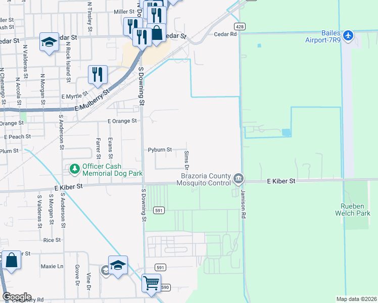map of restaurants, bars, coffee shops, grocery stores, and more near 1266 Pyburn Street in Angleton