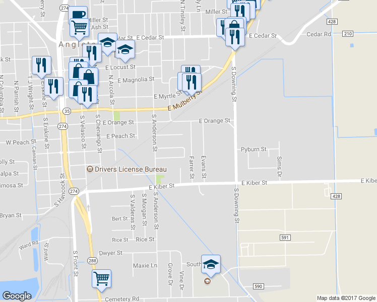 map of restaurants, bars, coffee shops, grocery stores, and more near 404 Farrer Street in Angleton