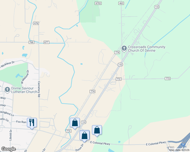 map of restaurants, bars, coffee shops, grocery stores, and more near Pvt Road 7741 in Devine