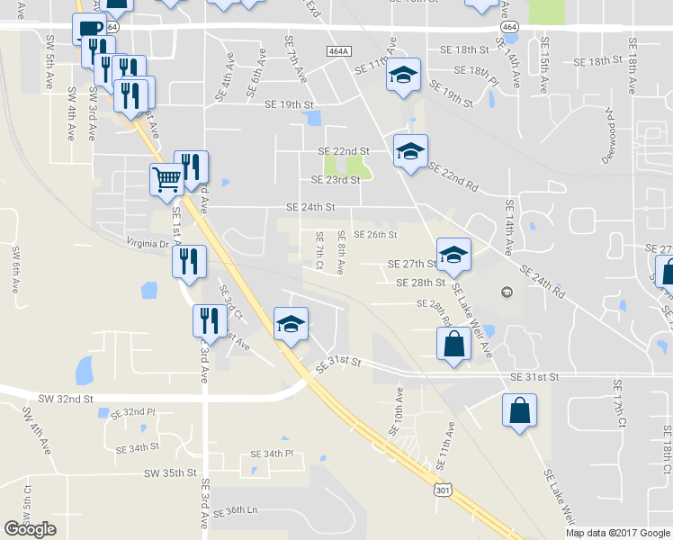 map of restaurants, bars, coffee shops, grocery stores, and more near 2720 Southeast 8th Avenue in Ocala
