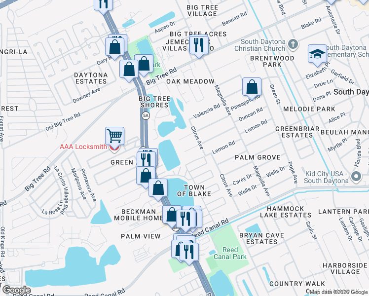 map of restaurants, bars, coffee shops, grocery stores, and more near 964 Duncan Road in South Daytona