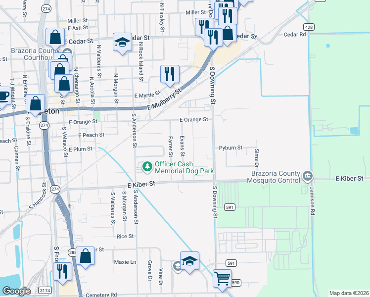 map of restaurants, bars, coffee shops, grocery stores, and more near 405 Evans Street in Angleton