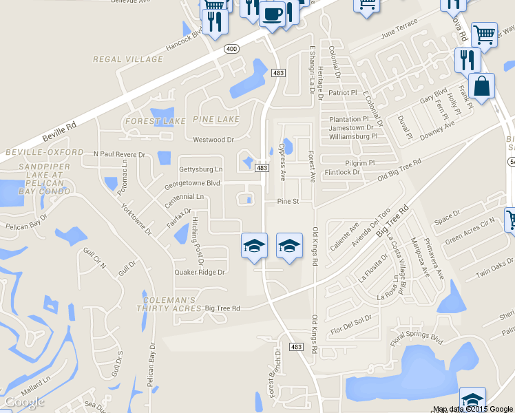 map of restaurants, bars, coffee shops, grocery stores, and more near 146 Woodbridge Circle South in Daytona Beach