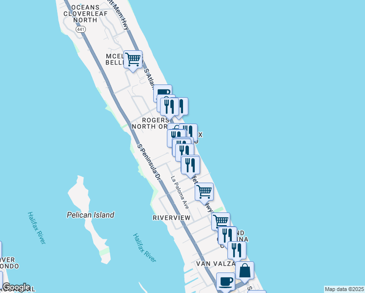map of restaurants, bars, coffee shops, grocery stores, and more near 3159 Florida A1A in Daytona Beach Shores