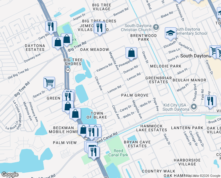 map of restaurants, bars, coffee shops, grocery stores, and more near 928 Lemon Road in South Daytona