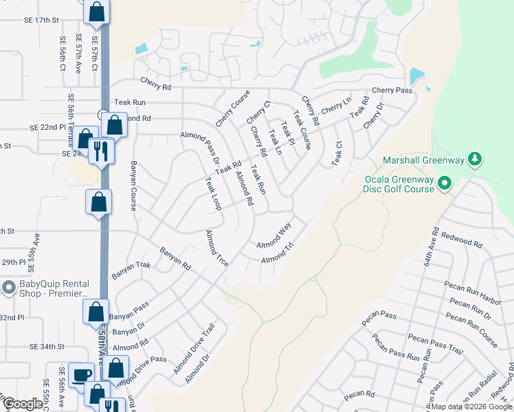 map of restaurants, bars, coffee shops, grocery stores, and more near 89 Almond Road in Ocala
