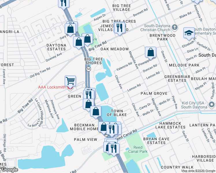map of restaurants, bars, coffee shops, grocery stores, and more near 964 Duncan Road in South Daytona