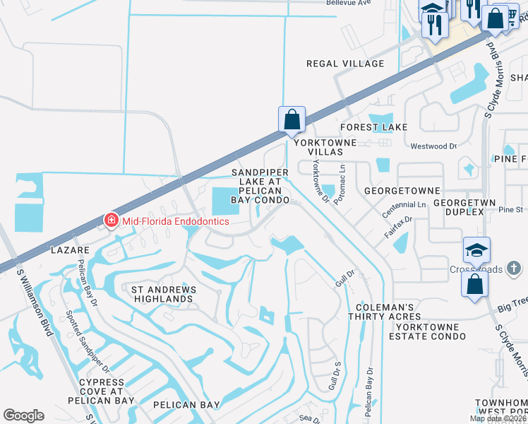 map of restaurants, bars, coffee shops, grocery stores, and more near 110 Blue Heron Drive in Daytona Beach