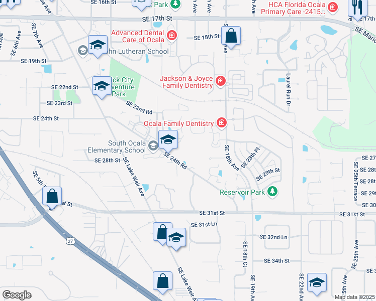 map of restaurants, bars, coffee shops, grocery stores, and more near 1501 Southeast 24th Road in Ocala