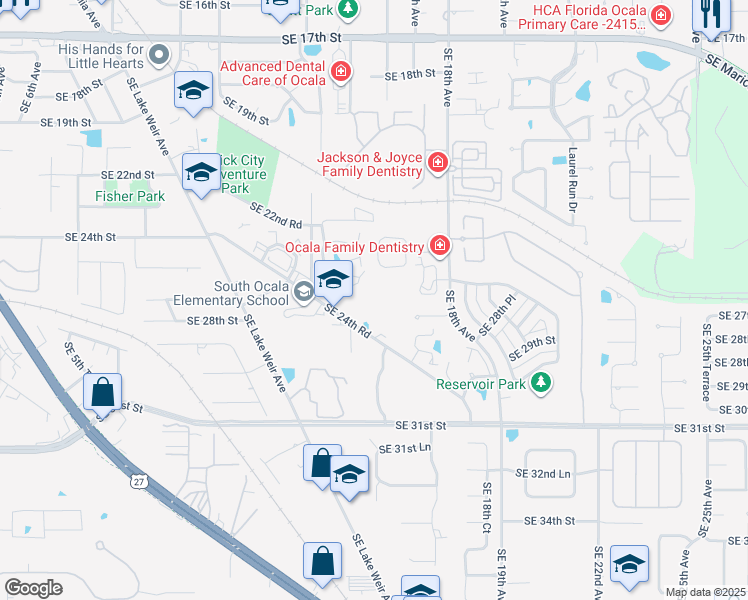map of restaurants, bars, coffee shops, grocery stores, and more near 1501 Southeast 24th Road in Ocala