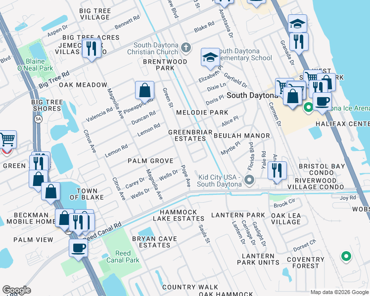 map of restaurants, bars, coffee shops, grocery stores, and more near 2324 Green Street in South Daytona