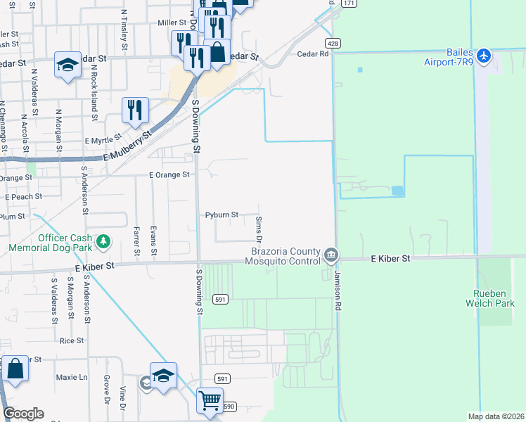 map of restaurants, bars, coffee shops, grocery stores, and more near 505 Sims Drive in Angleton