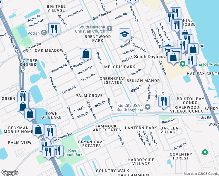 map of restaurants, bars, coffee shops, grocery stores, and more near 2324 Green Street in South Daytona
