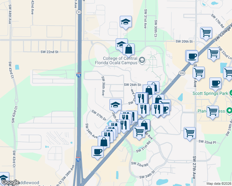 map of restaurants, bars, coffee shops, grocery stores, and more near 3505 Southwest 27th Street in Ocala