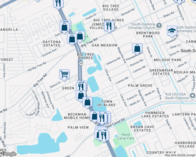 map of restaurants, bars, coffee shops, grocery stores, and more near 957 Pineapple Road in South Daytona